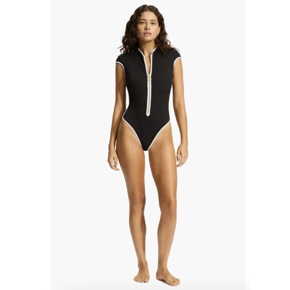 New $220 Seafolly Cap Sleeve Colorblock Zip-Up One-Piece Swimsuit  6 US 10 UK - Picture 3 of 6